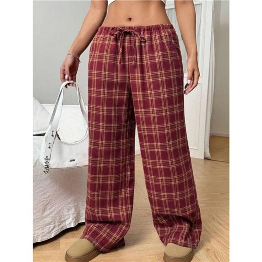 Plaid Drawstring Wide Leg Pants